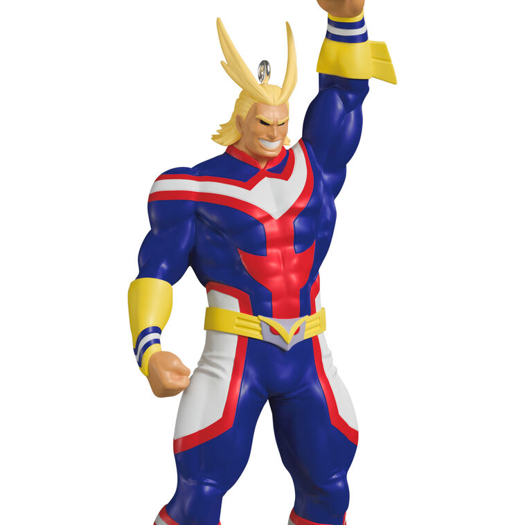 All Might Christmas tree ornament in hero pose from My Hero Academia, featuring yellow hair, red-blue suit, and raised fist.