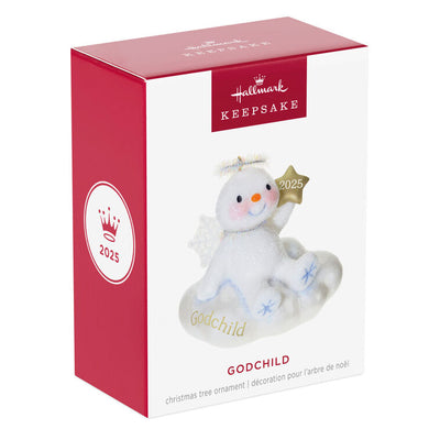 Sparkling snow angel Christmas ornament holding a gold 2025 star, seated on a cloud, for godchild holiday keepsake

