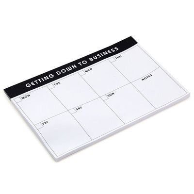 Large black and white weekly planner pad with grid layout and “Getting Down to Business” header.
