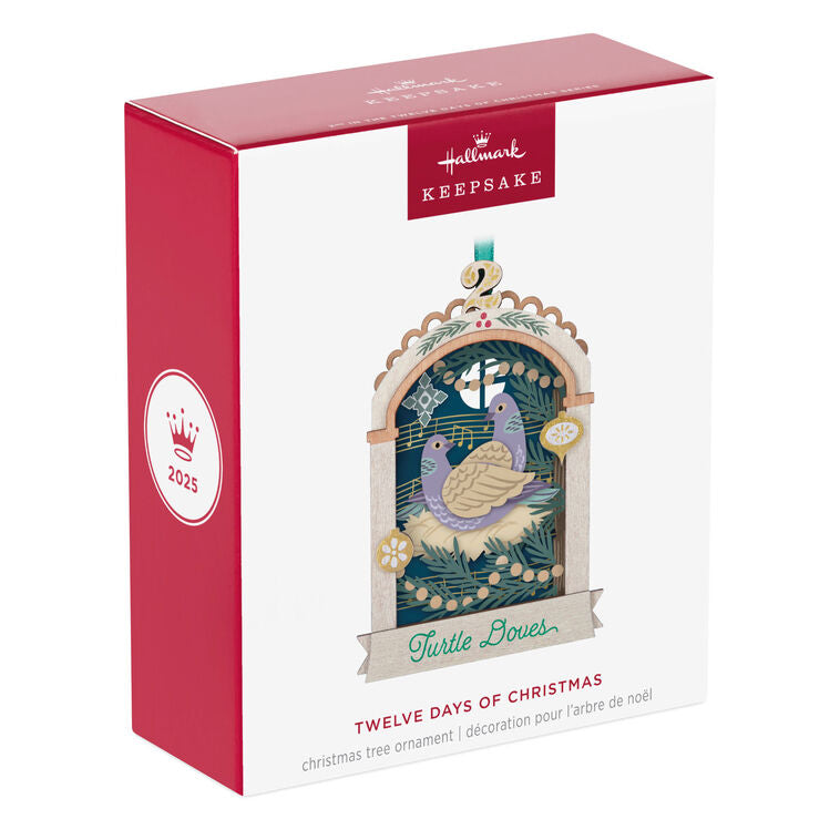 Hallmark Keepsake Twelve Days of Christmas Papercraft ornament—laser-cut wood frame with intricate two turtle doves papercraft scene and song verse
