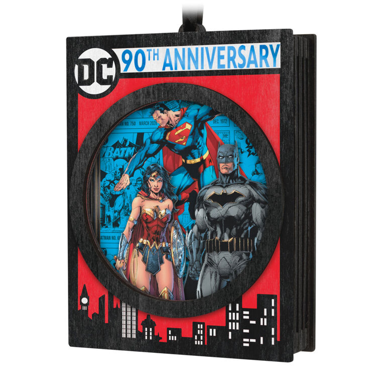 DC Comics 90th Anniversary ornament, Superman, Batman, Wonder Woman, double-sided papercraft, Hallmark Keepsake, Christmas decoration.