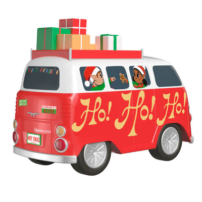 Santa and groovy elves in vintage van Christmas ornament with lights and music, battery operated holiday decoration

