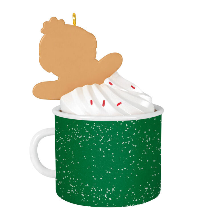 2025 Christmas ornament of gingerbread son cookie in green mug with whipped cream, festive holiday design

