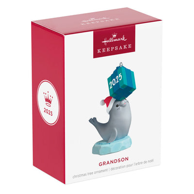 Gray seal ornament in Santa hat balancing gift on nose, sitting on iceberg, year-dated 2025 for grandson Christmas gift

