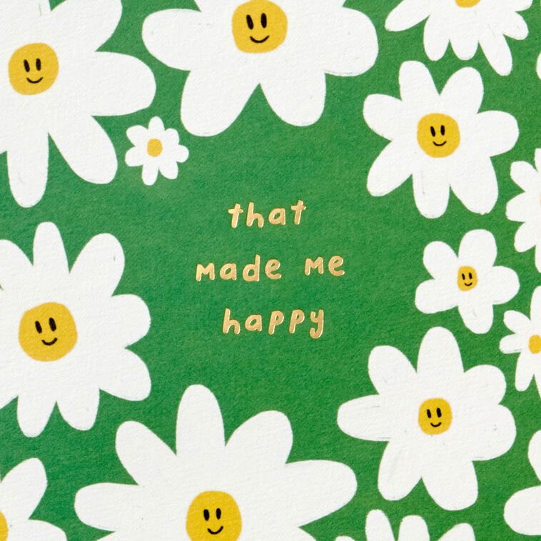 Green thank-you cards with white daisies and yellow smiley centers in a gray box with matching envelopes, pack of 10
