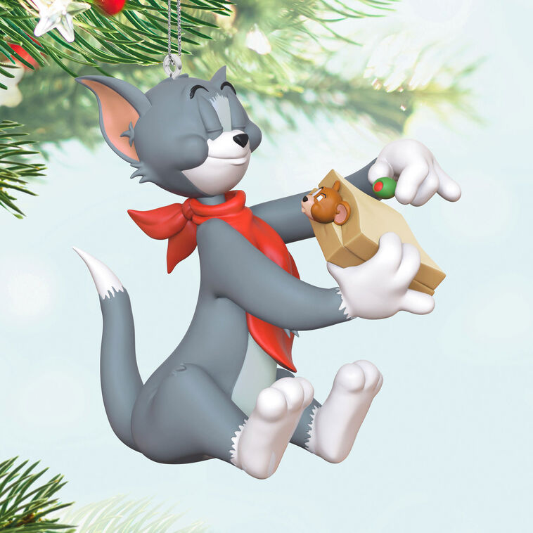 Tom and Jerry Christmas ornament with Tom holding a sandwich and Jerry peeking out, red napkin around Tom&