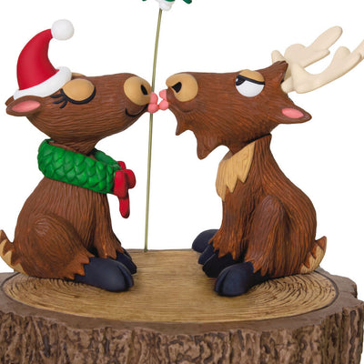 Moose couple Christmas ornament under mistletoe with motion and music playing "We Wish You a Merry Christmas," battery 

