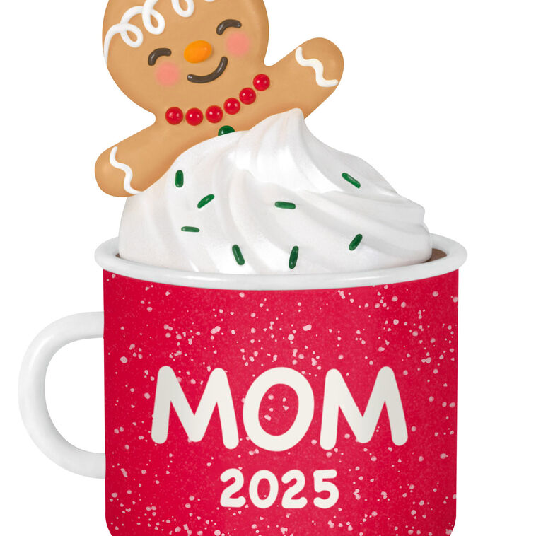 2025 Christmas ornament of gingerbread mom cookie in red mug with whipped cream, festive holiday design

