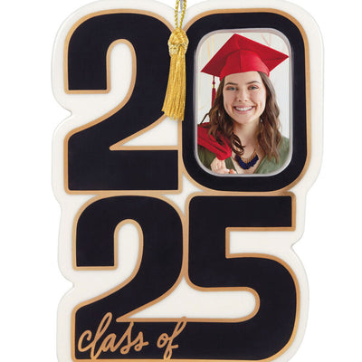 Porcelain ornament with black and white “2025” block numbers, gold accents, red graduation cap, and a photo frame for Class of 2025 graduate.