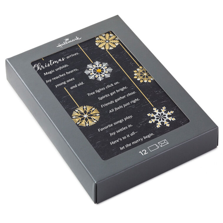 Snowflake Ornaments on Black Boxed Christmas Cards, Pack of 12