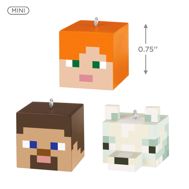 Set of three Minecraft mini ornaments featuring Alex, Steve, and an arctic fox heads in pixelated cube style with dimensional ears.