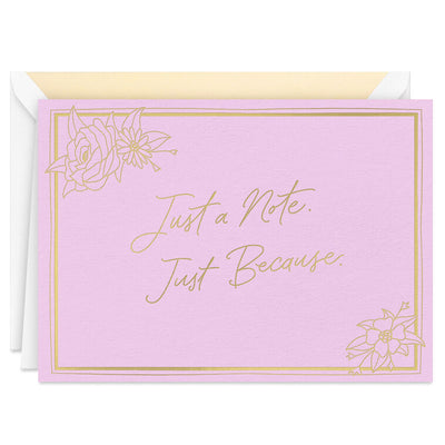 Rose pink blank note cards with gold script lettering and floral corner sketches in kraft box.
