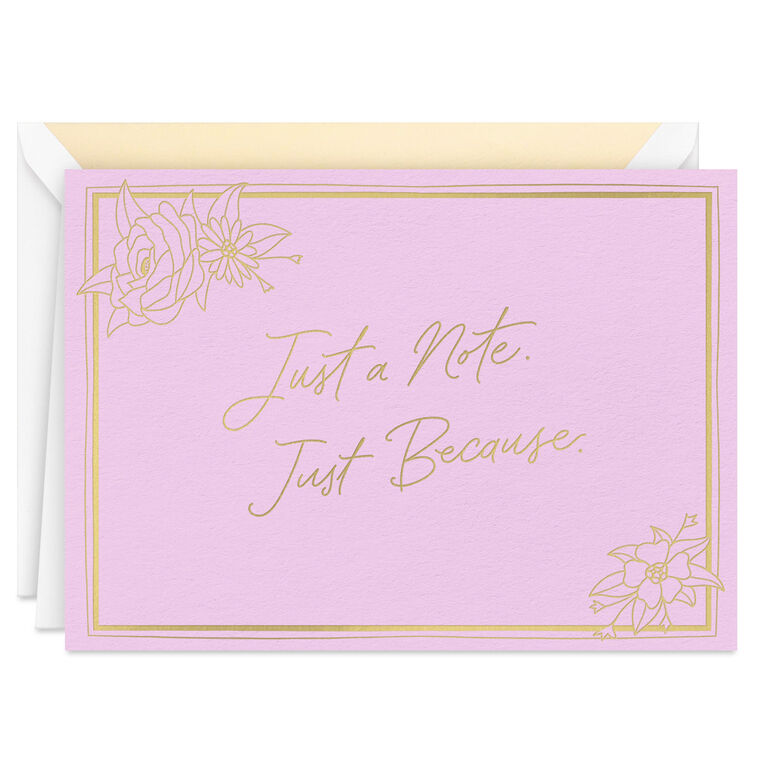 Rose pink blank note cards with gold script lettering and floral corner sketches in kraft box.
