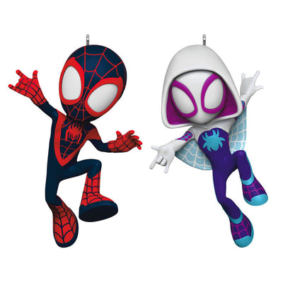 Spidey and His Amazing Friends ornament set, Spin and Ghost-Spider, Marvel characters, Hallmark Keepsake, Christmas tree decoration.
