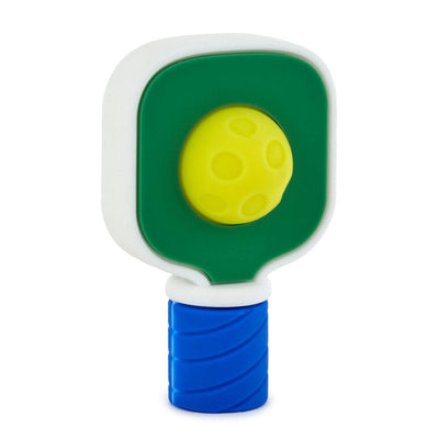 Silicone drink charm shaped like a pickleball paddle and ball, fits inside Charmers or stemless contour glasses   drink ID.