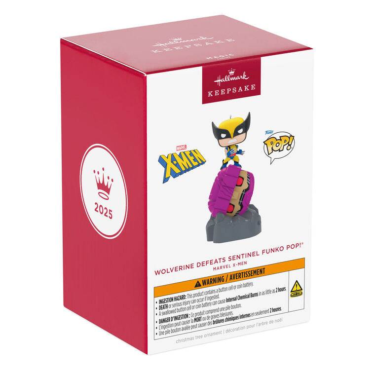 Wolverine Funko POP ornament, Marvel X-Men, defeating Sentinel, light-up eyes, Hallmark Keepsake, Christmas tree decoration.