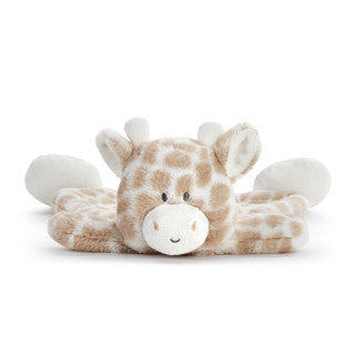Yellow plush giraffe rattle blankie with embroidered face, ultra-soft fabric, and 13-inch cuddly shape.

