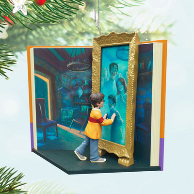 Mirror of Erised ornament, Harry Potter sees parents, book-shaped design, Hallmark Keepsake, Christmas tree decoration, literary collectible.
