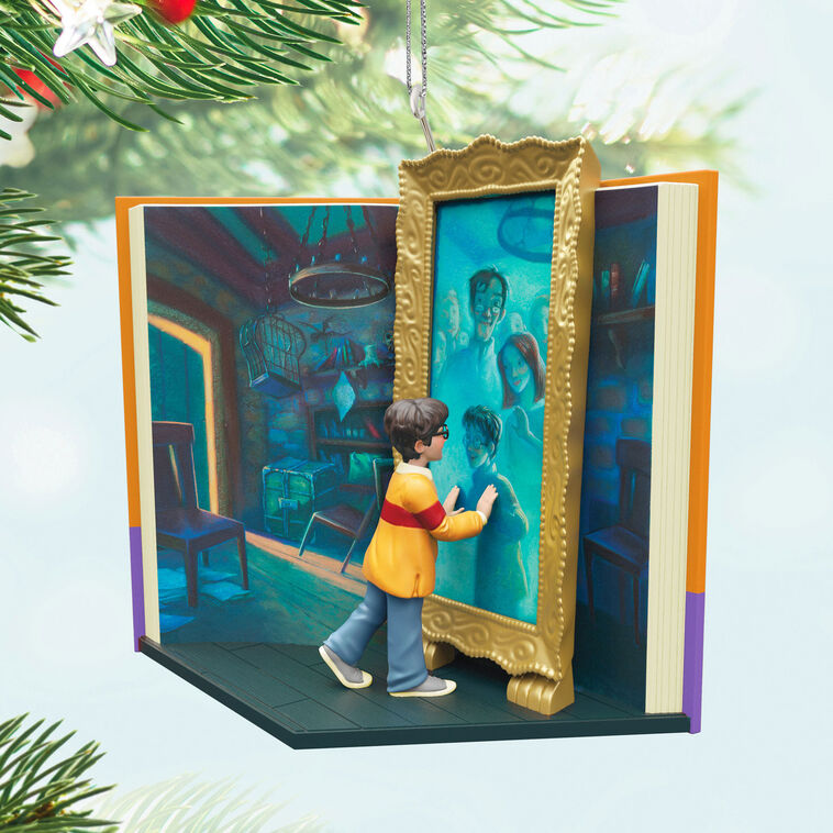 Mirror of Erised ornament, Harry Potter sees parents, book-shaped design, Hallmark Keepsake, Christmas tree decoration, literary collectible.