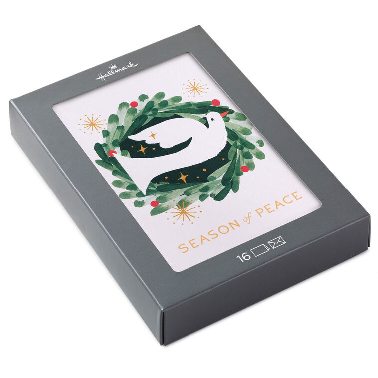Dove on Watercolor Wreath Boxed Christmas Cards, Pack of 16