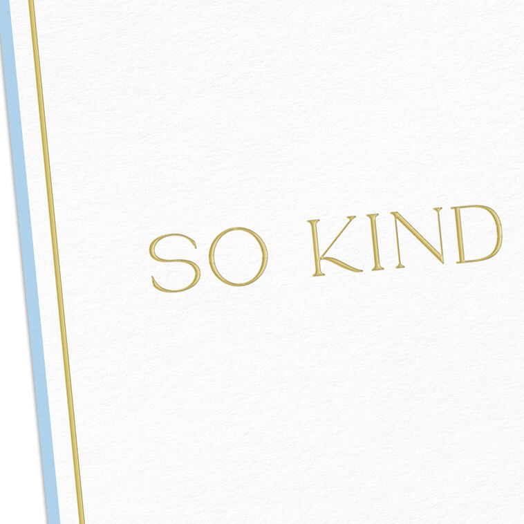 Elegant white thank-you cards with gold foil lettering, light blue border, and narrow gold frame.
