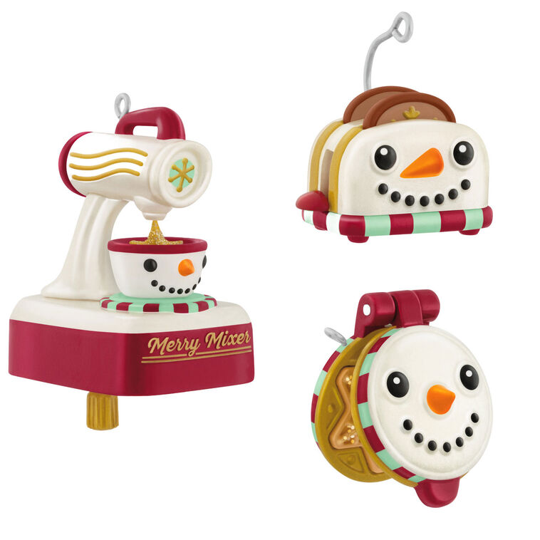 Set of three mini Christmas ornaments: snowman waffle maker, stand mixer, and toaster with snowflake designs, Hallmark Keepsake kitchen set
