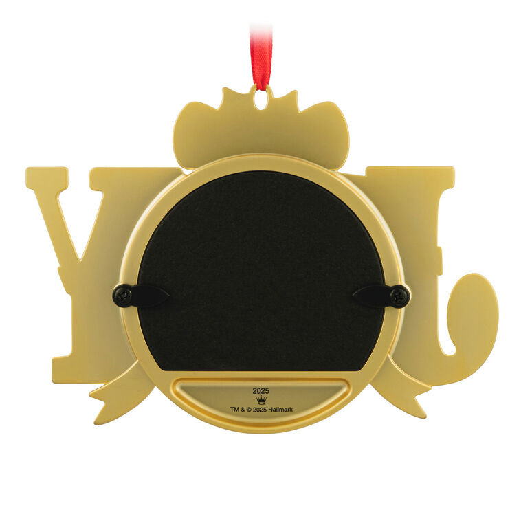 Gold JOY word-art photo frame ornament with red bow and holly topper, features 2025 date and holds a small holiday photo.