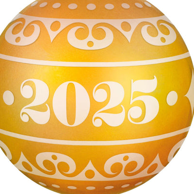 Hallmark Keepsake Christmas Commemorative 2025 ornament—yellow frosted glass ball with elegant gold scroll design, embossed metal cap, and “2025