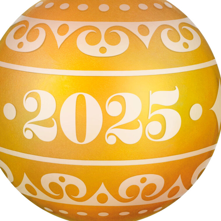 Hallmark Keepsake Christmas Commemorative 2025 ornament—yellow frosted glass ball with elegant gold scroll design, embossed metal cap, and “2025