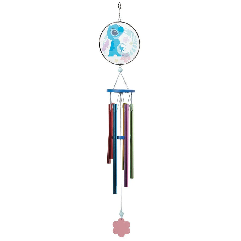Disney Garden Stitch wind chime featuring Stitch in pastel Hawaiian style with hibiscus flower wind catcher and hanging chimes.