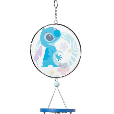 Disney Garden Stitch wind chime featuring Stitch in pastel Hawaiian style with hibiscus flower wind catcher and hanging chimes.