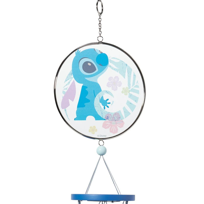Disney Garden Stitch wind chime featuring Stitch in pastel Hawaiian style with hibiscus flower wind catcher and hanging chimes.