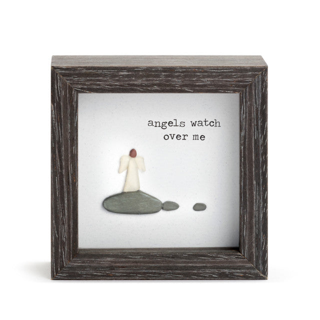  Angels Watch Over Me shadow box with pebble art by Sharon Nowlan, featuring inspirational coastal Nova Scotia design.

