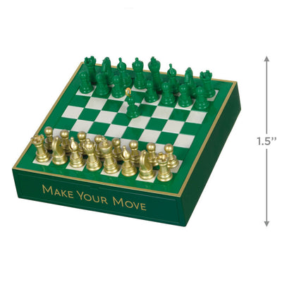 Chess ornament with green and gold pieces on green and white checkerboard, holiday decor for chess enthusiasts

