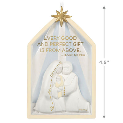 Porcelain nativity ornament with Holy Family, Star of Bethlehem, white and gold design, scripture verse, Christmas decor

