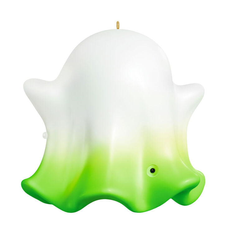 Animated ghost Halloween ornament with light, sound, and spooky phrases, compatible with Hallmark power cord