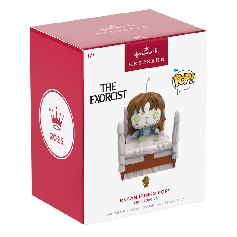 Funko POP! ornament of possessed Regan from The Exorcist in four-poster bed with spinning head motion