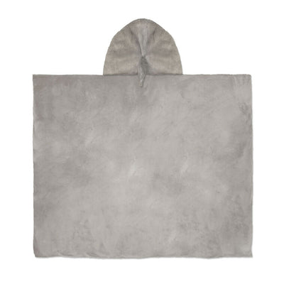 Gray and white plush hooded baby blanket with shark head hood, tiny teeth, dorsal fin, and corner pockets for little hands.