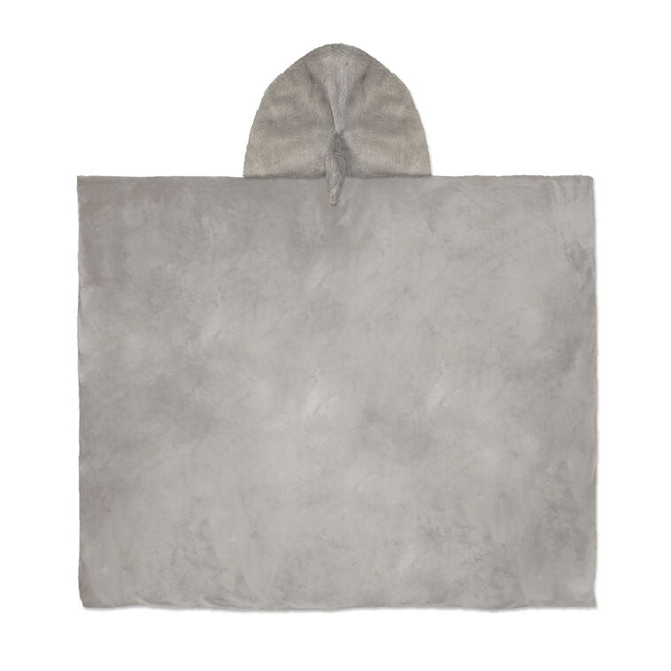 Gray and white plush hooded baby blanket with shark head hood, tiny teeth, dorsal fin, and corner pockets for little hands.