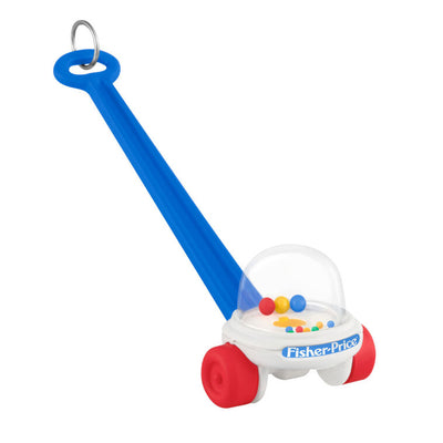 Mini Corn Popper ornament with red wheels, blue handle, and clear dome filled with colorful popping balls.

