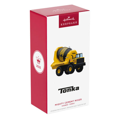 Hallmark Keepsake Hasbro Tonka Mighty Cement Mixer ornament, yellow and black truck with turning drum, inspired by classic construction toy.