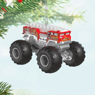 Hallmark Keepsake Hot Wheels HW 5-Alarm Monster Truck ornament, candy-apple red fire truck with big wheels, Christmas decor for kids.