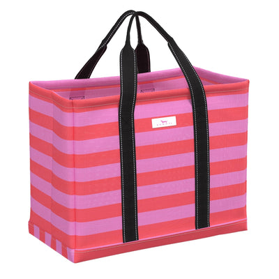 SCOUT Woven Tote Large Roadtripper in Bubblegum and Watermelon with breathable basket weave and sturdy bottom panel.