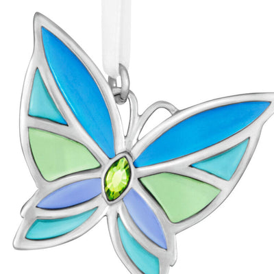 Mini Bitty Bright Butterfly miniature Christmas tree ornament with blue and green metal wings and shiny silver detailing