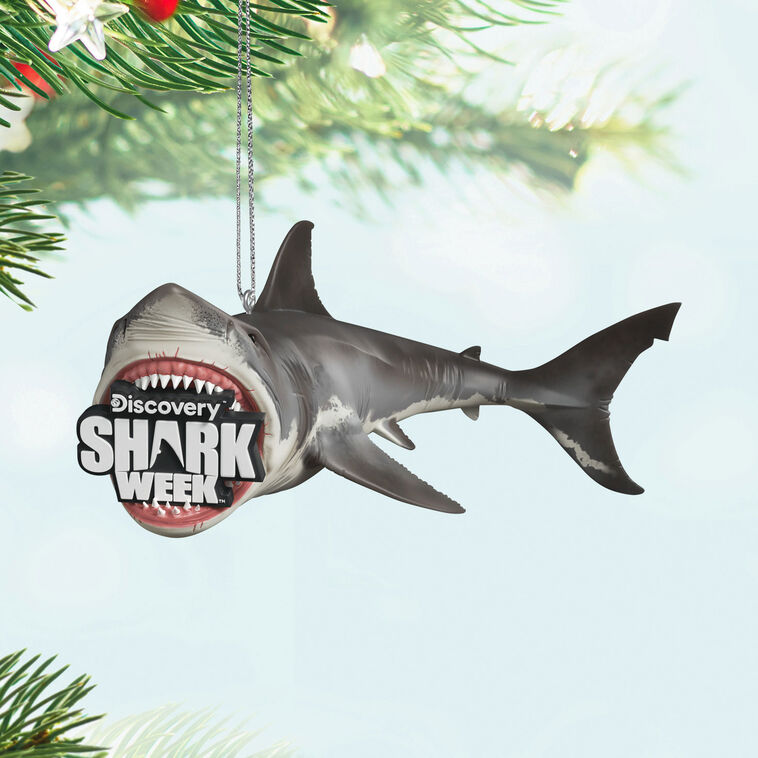 Shark Week ornament, great white shark with Discovery logo in jaws, Hallmark Keepsake, Christmas tree decoration, TV event collectible.