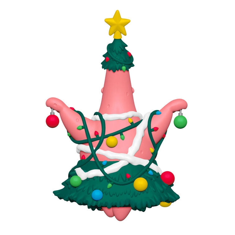 Patrick Star ornament, dressed as Christmas tree with lights, ornaments, star topper, Hallmark Keepsake, Nickelodeon, holiday decoration.
