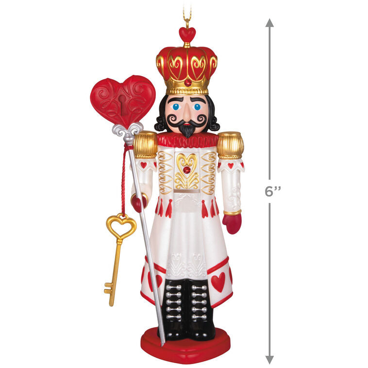 Hallmark Keepsake Noble Nutcrackers King of Hearts ornament—regal nutcracker in red, white, gold, heart designs, crown, key, heart locket, lever back