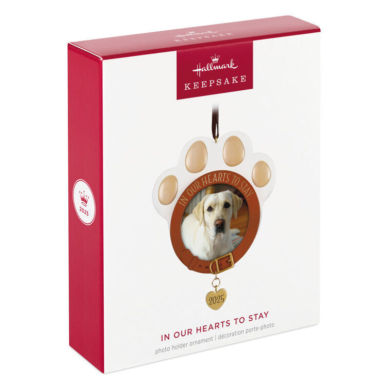 Paw-shaped pet memorial ornament with photo frame, metal heart charm dated 2025, and “In Our Hearts to Stay” collar design.