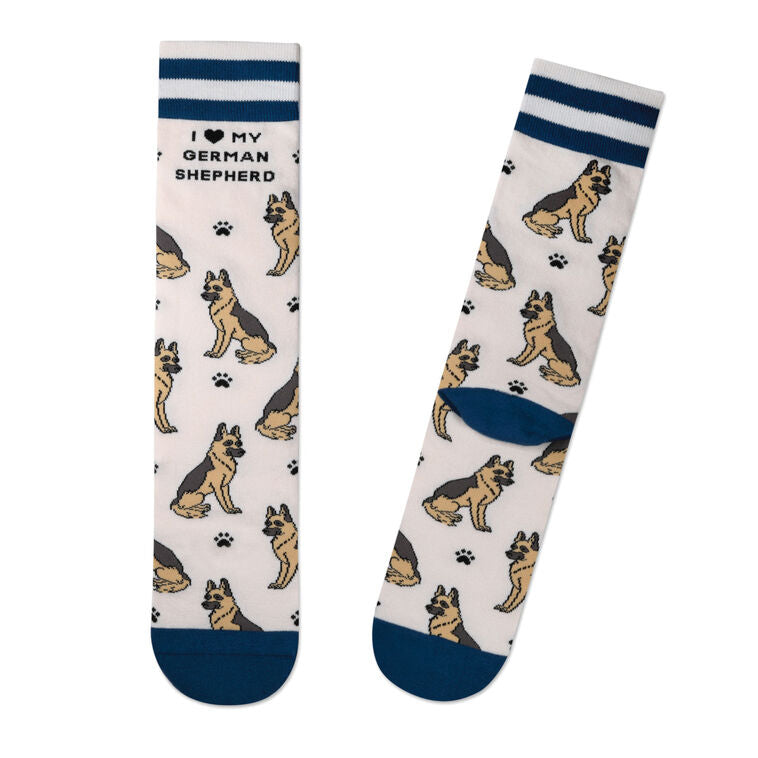 Hallmark novelty socks with German Shepherd dog design, navy blue paw prints, and striped cuffs.