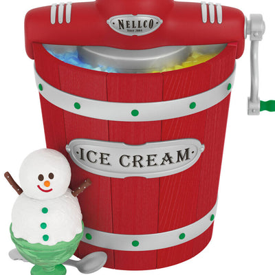 Homemade ice cream maker ornament with snowman sundae, musical light-up holiday decoration, battery operated

